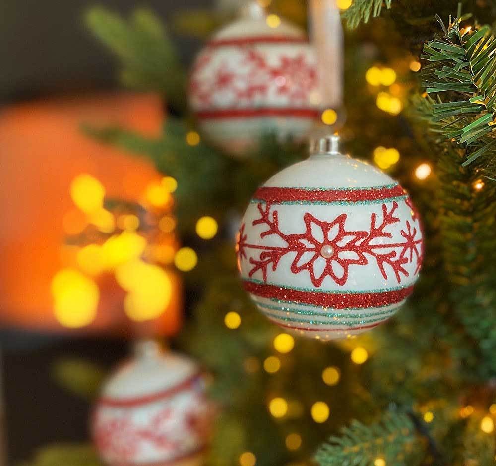 Christbaumkugeln Weiß Schneeflocke Rot Grün 3 Stück Weihnachtskugeln Echt Glas