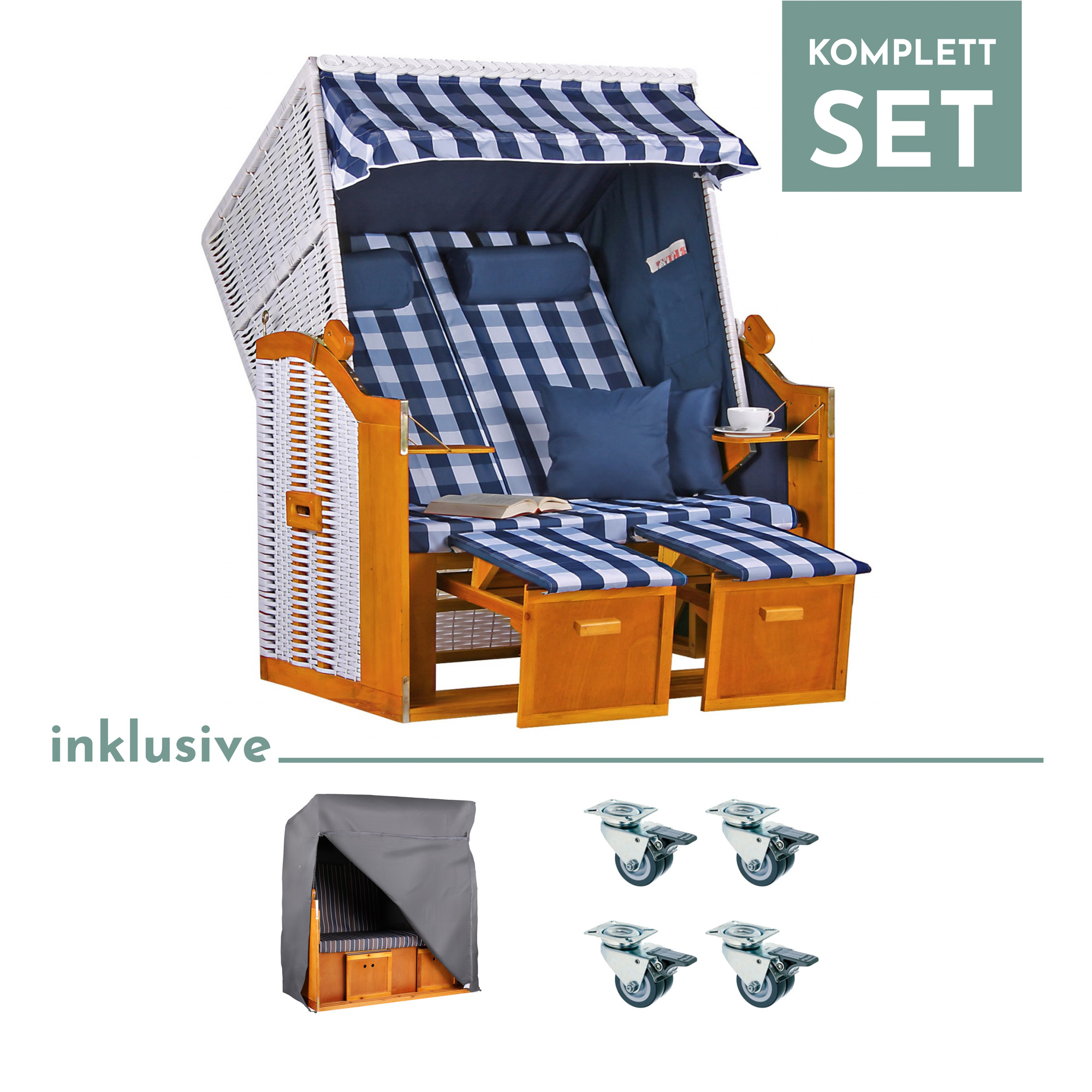 Strandkorb Baltic PE weiß Dessin Karo Blau-SET
