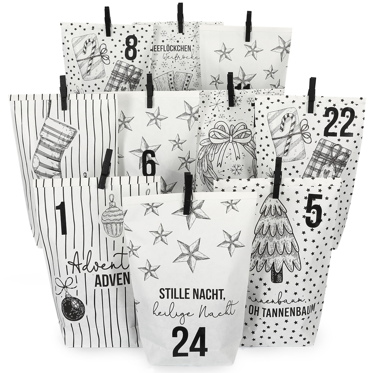 DIY Adventskalender Tüten Set BLACK AND WHITE CHRISTMAS - zum Befüllen