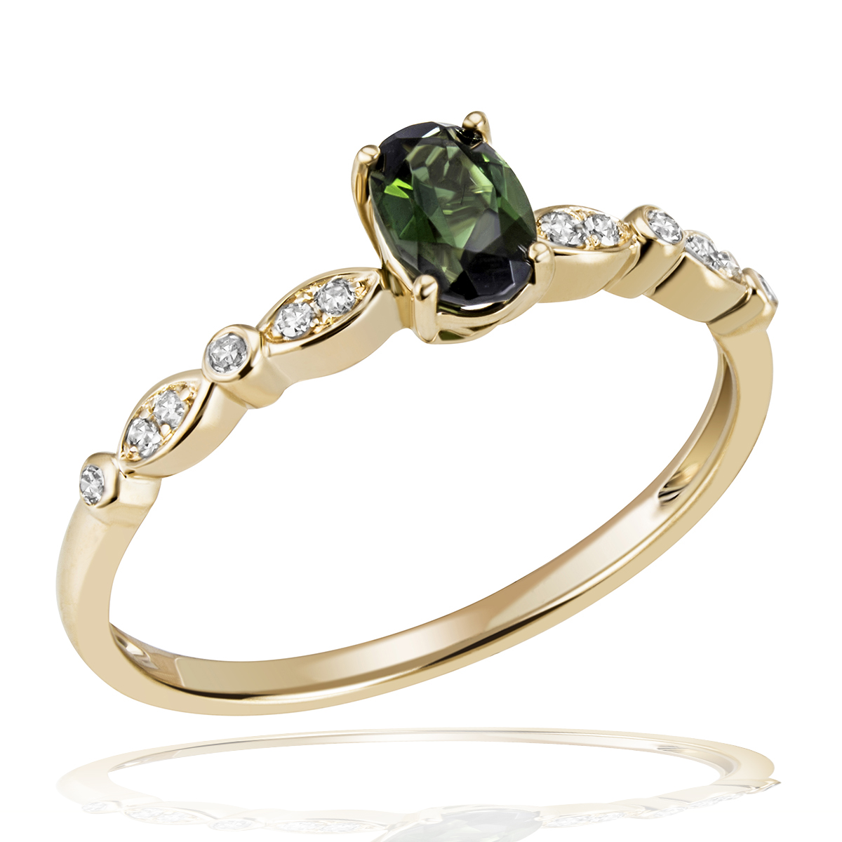 Damenring 585 Gelbgold 1 Turmalin 0,44 ct. grün 12 Diamanten 0.06 ct.