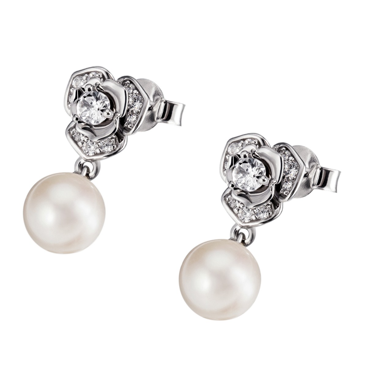 Paar Ohrhänger 585 Weißgold 2 weiße Perlen 7 mm, 20 weiße Zirkonia