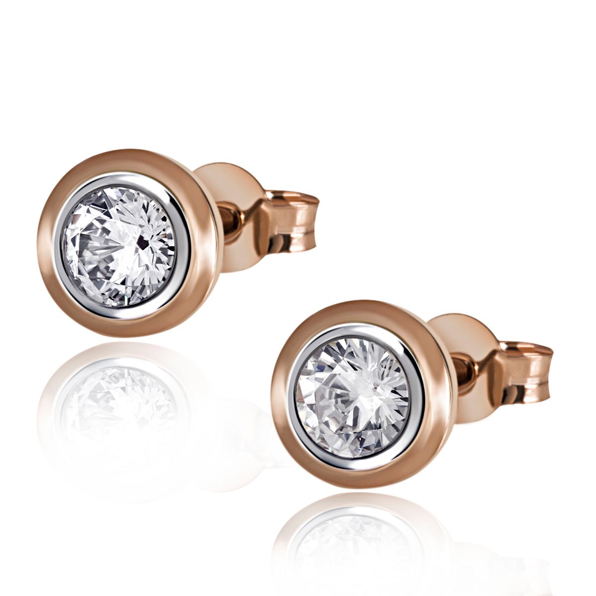 Paar Ohrstecker Solitär 375 Bicolor rhodiniert Zirkonia Rundschliff weiß