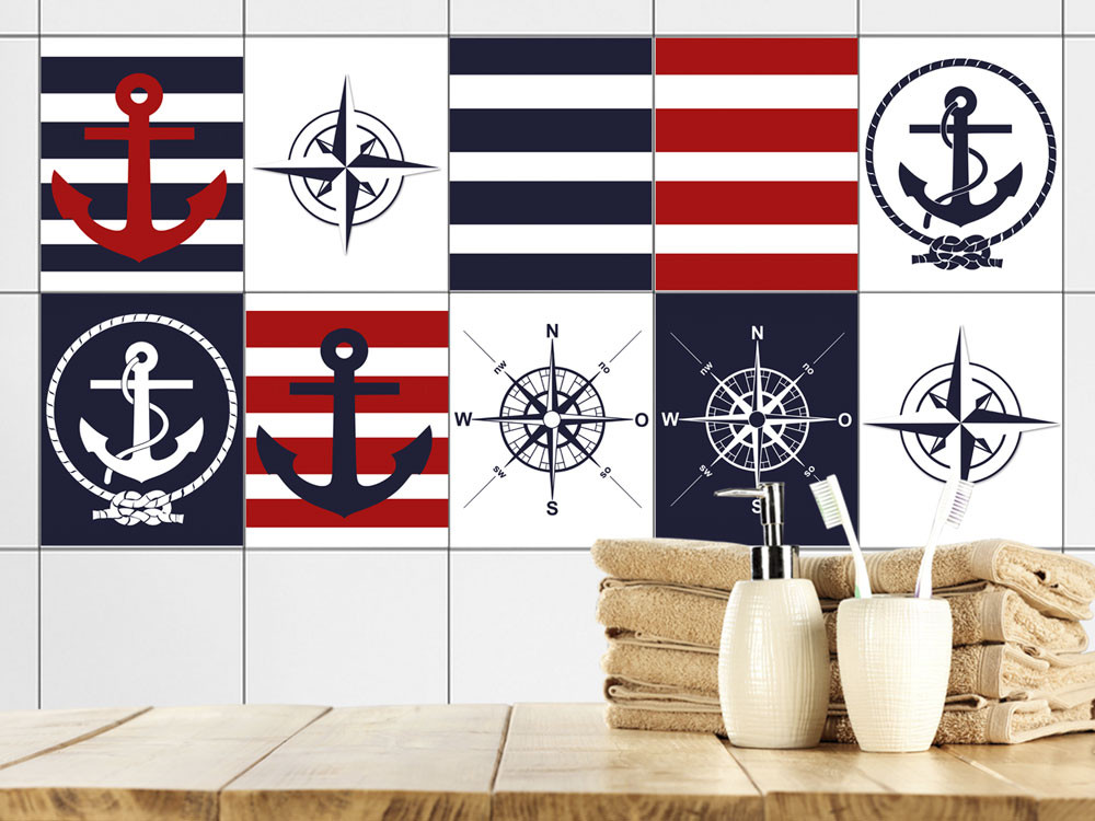Fliesenaufkleber Bad Anker Maritim Blau Rot Weiß