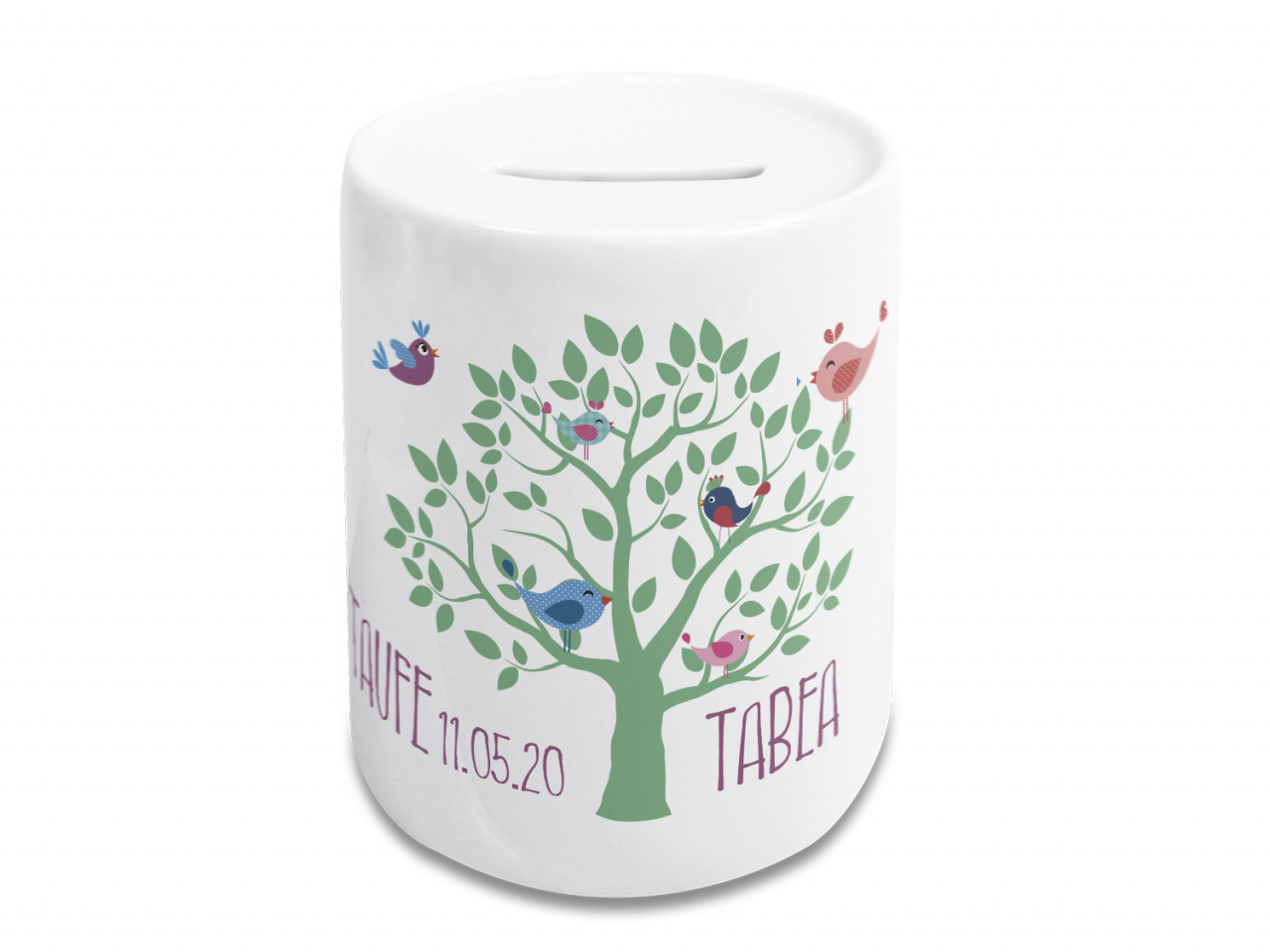 Spardose Taufe Mädchen mit Baum mit Vögeln personalisiert