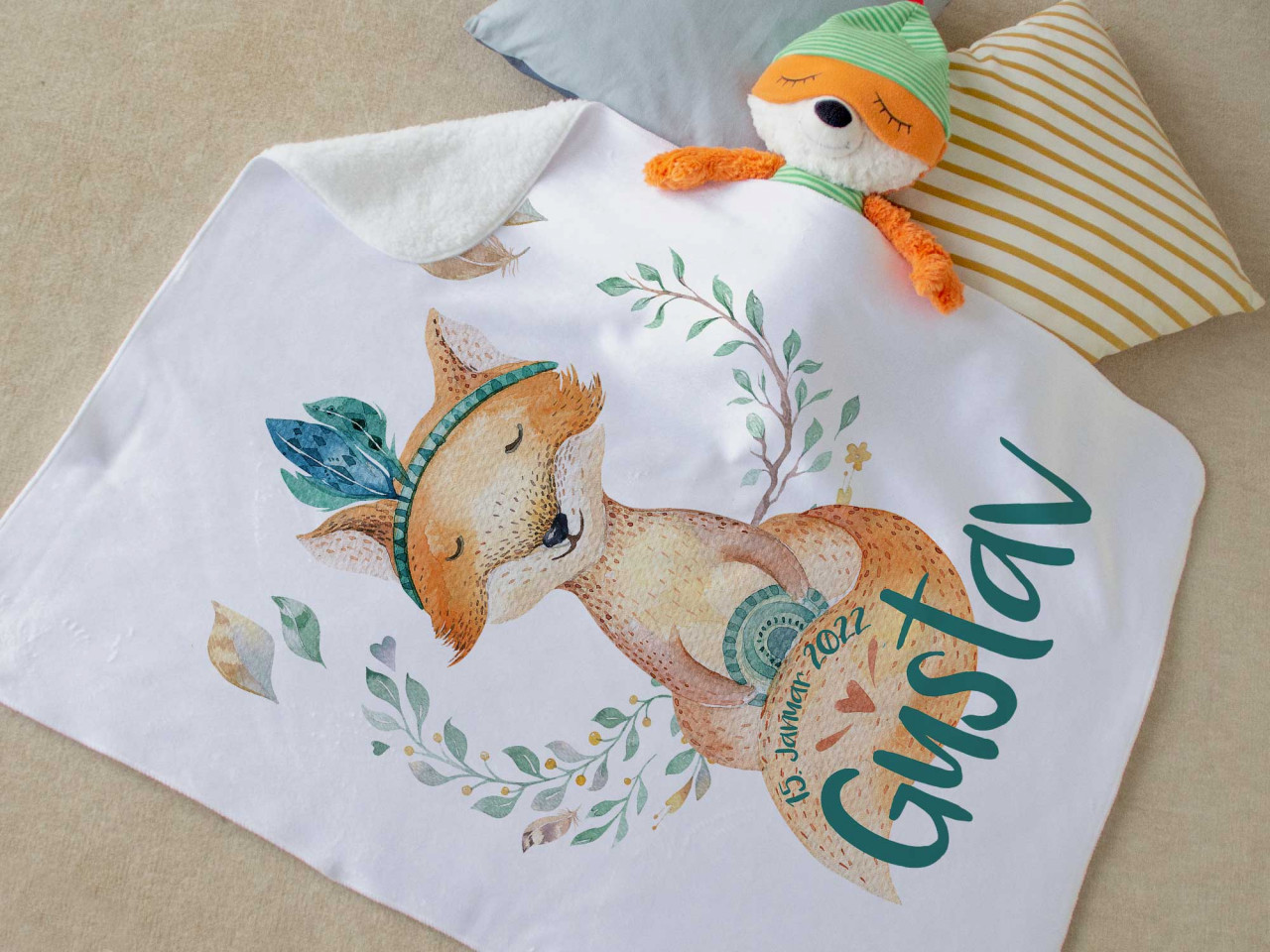 Babydecke mit Namen und Geburtsdatum personalisiert - Fuchs