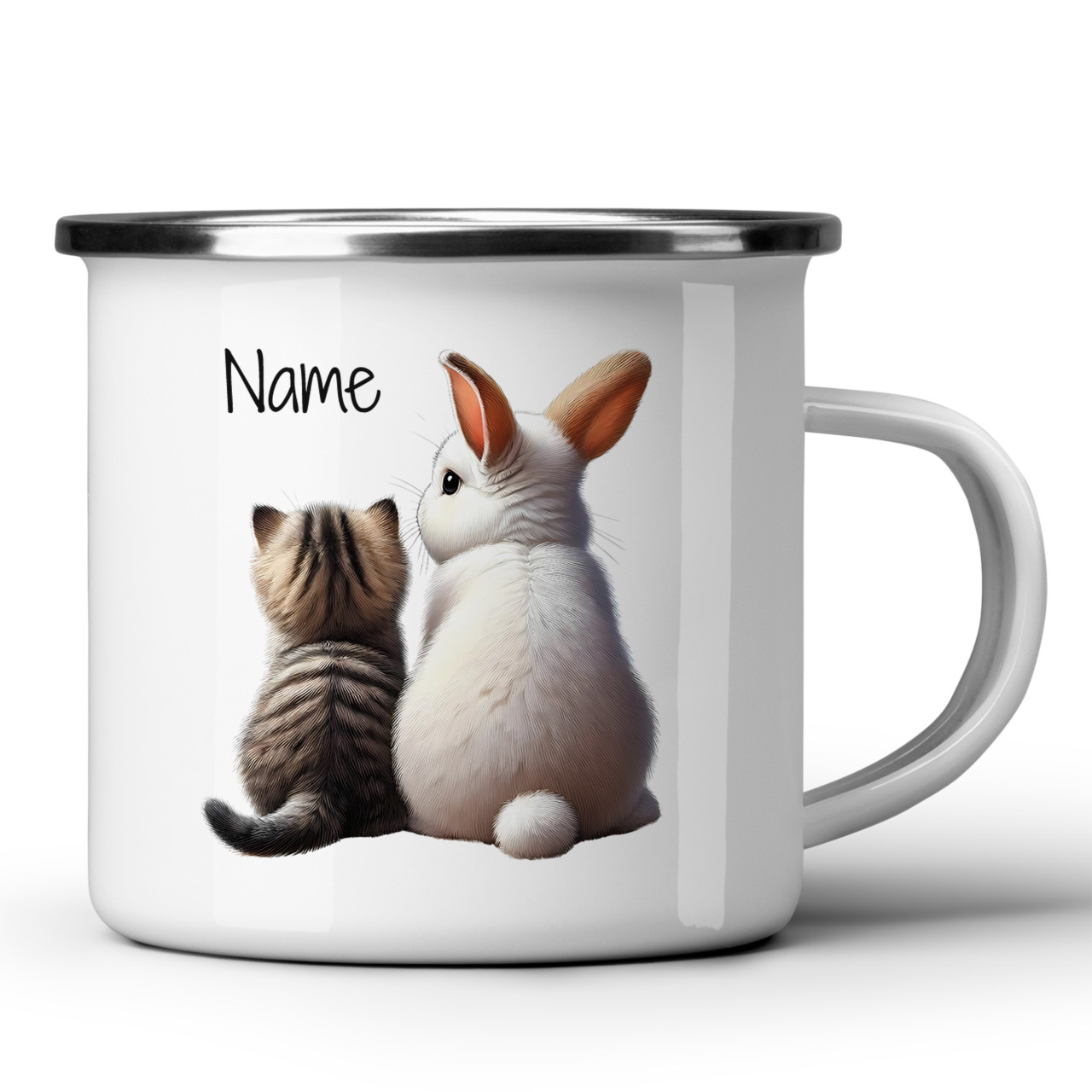 Emaille Becher mit Katze und Hasen