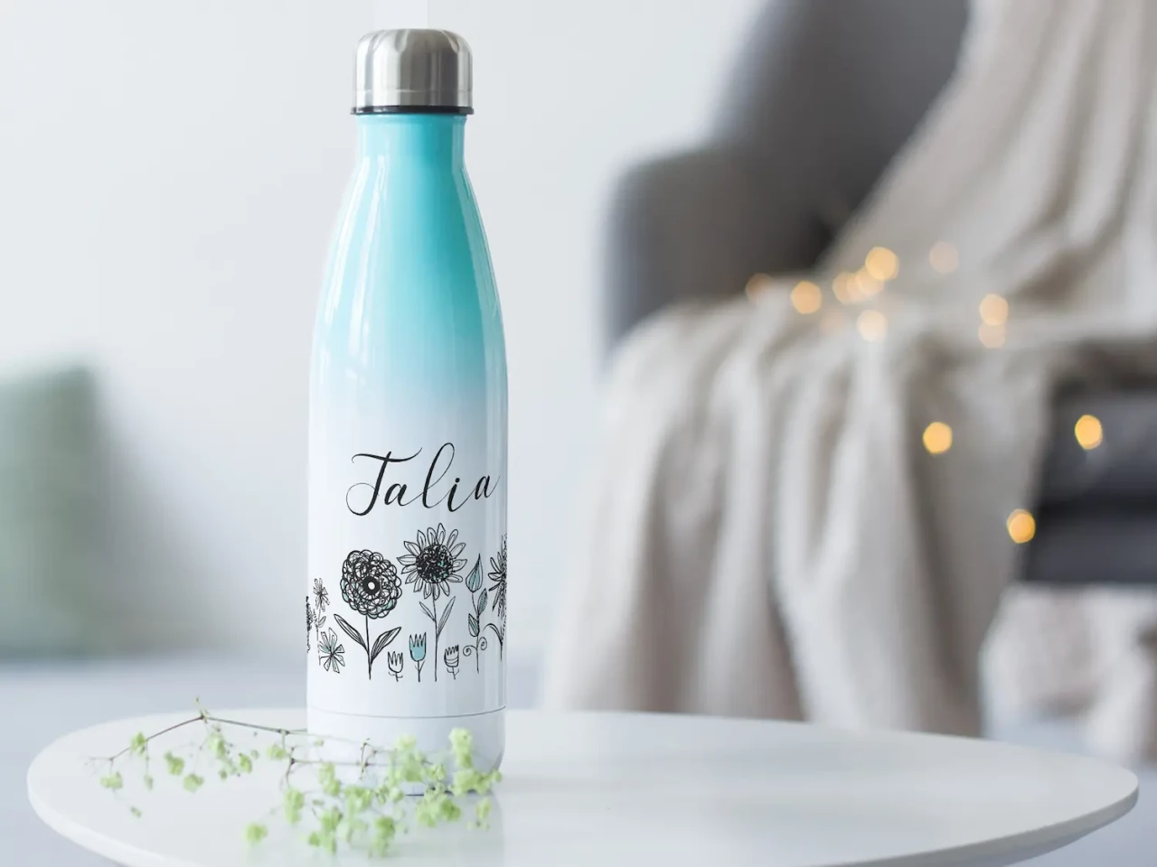 Edelstahl Trinkflasche Blau für Frauen 500 ml - Blumen...
