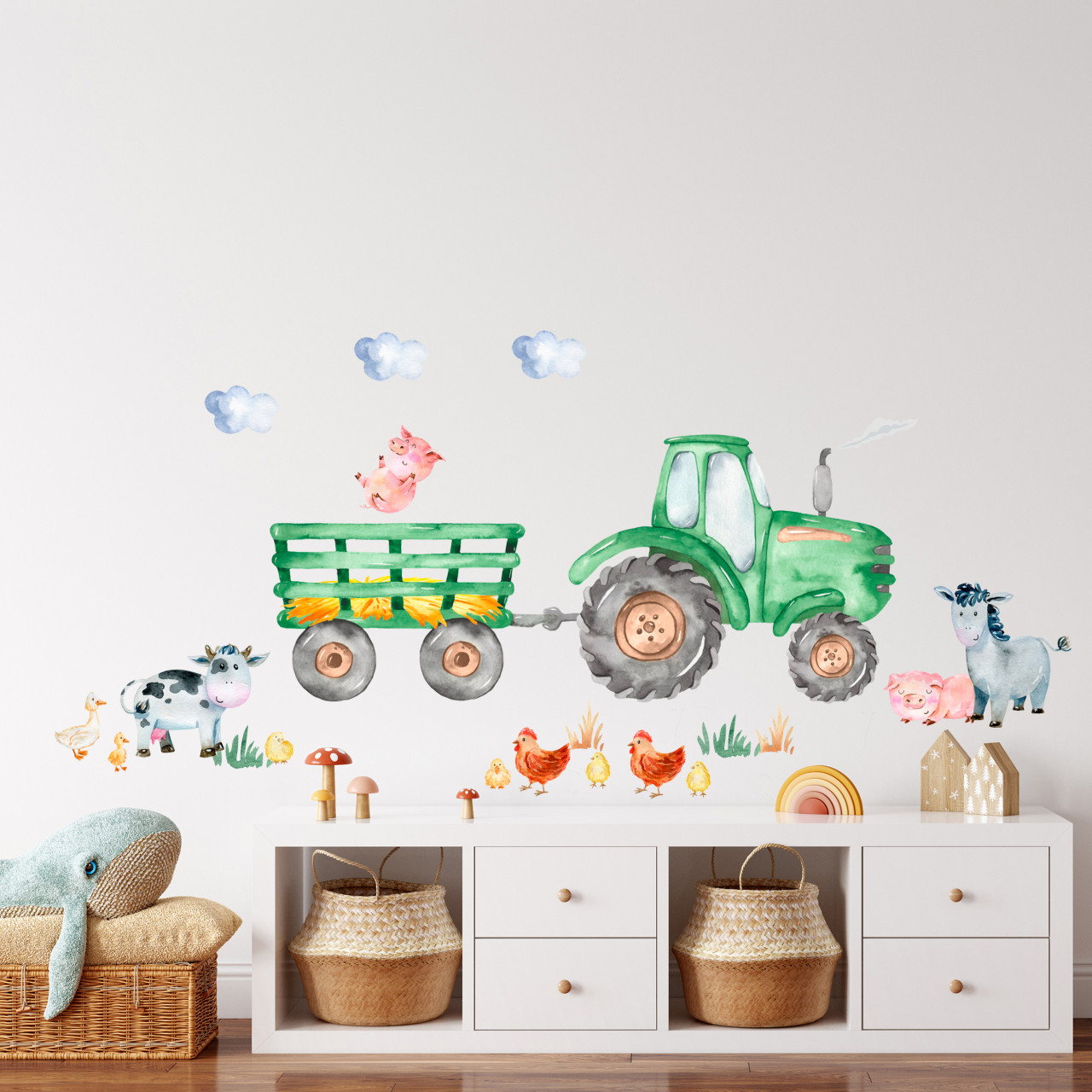 Wandtattoo Bauernhof Set Grüner Traktor mit Tieren