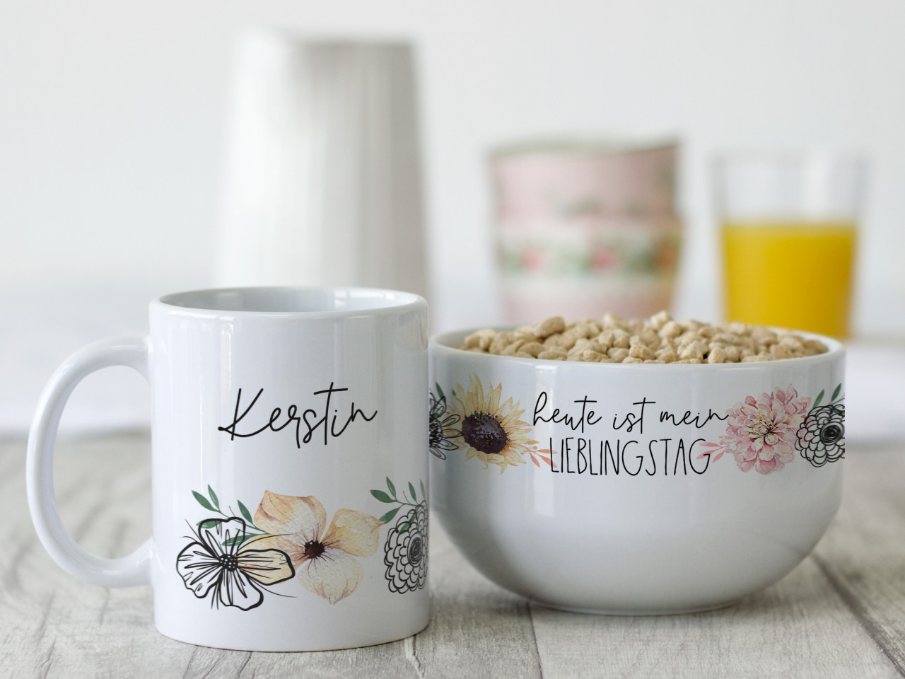 Geschenk-Set mit Müslischale & Tasse Blumen Pastell -...