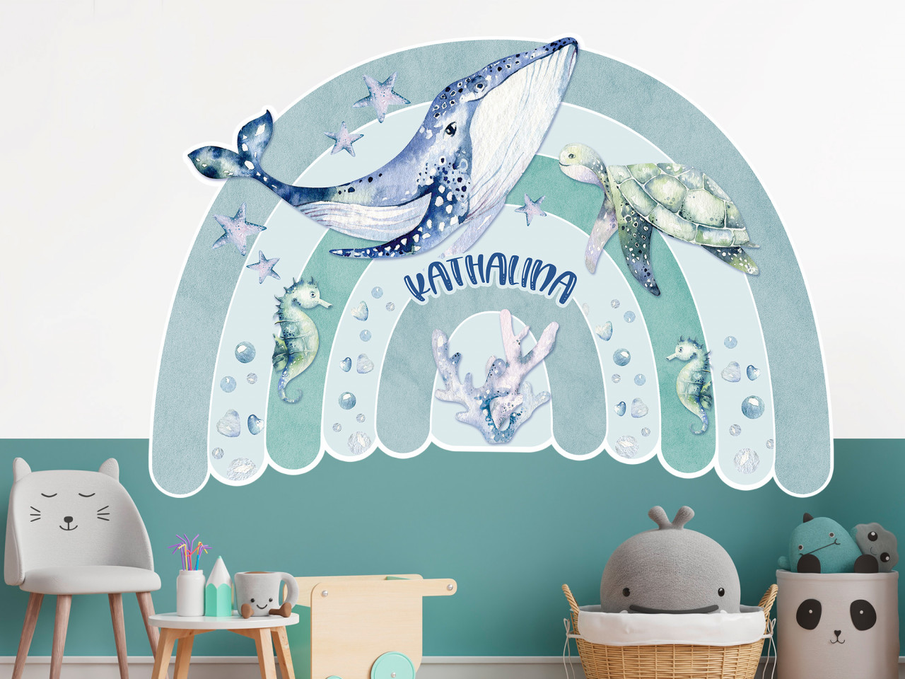Wandtattoo Regenbogen Wal und Fische, mit Namen