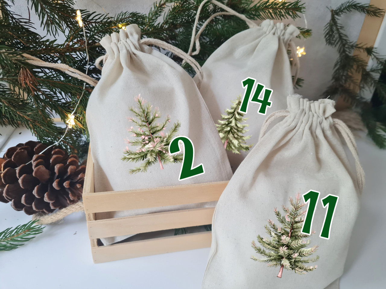 Adventskalender Säckchen Tannenbäume