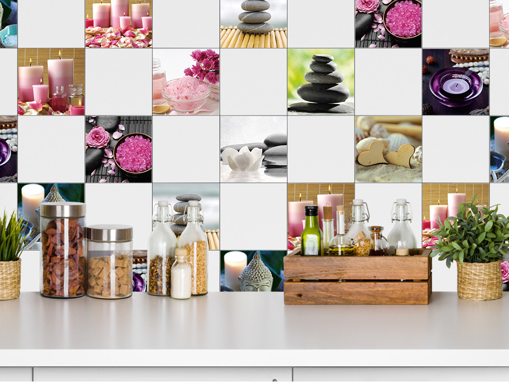 Fliesenaufkleber Set beruhigende Bilder Kerzen Steine Buddha