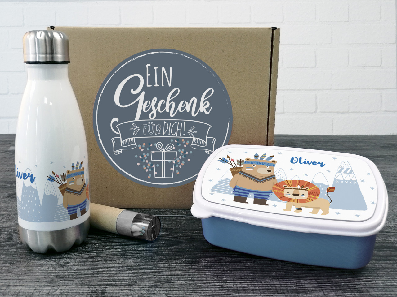 Geschenkset Bär, Trinkflasche und Brotdose