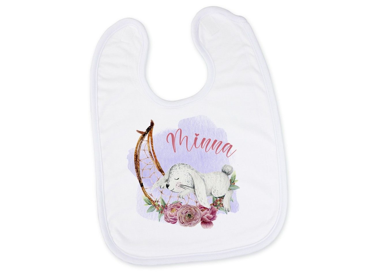 Baby Lätzchen mit Wunschname - Häschen & Traumfänger