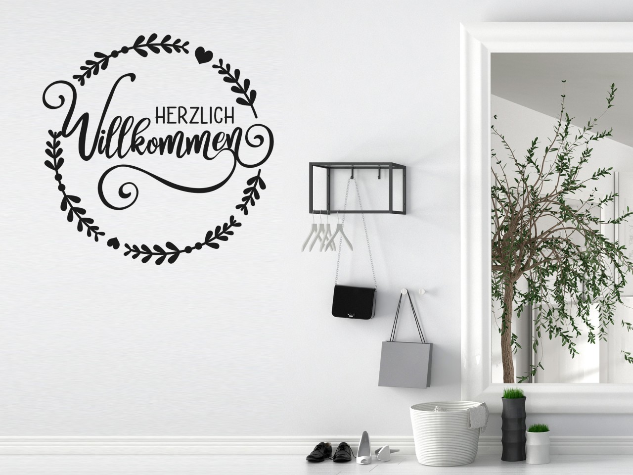 Wandtattoo Herzlich Willkommen mit Kranz