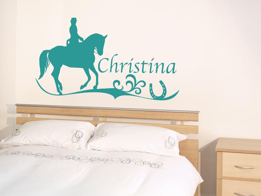 Wandtattoo Sport Reiterin Pferd mit Wunschnamen