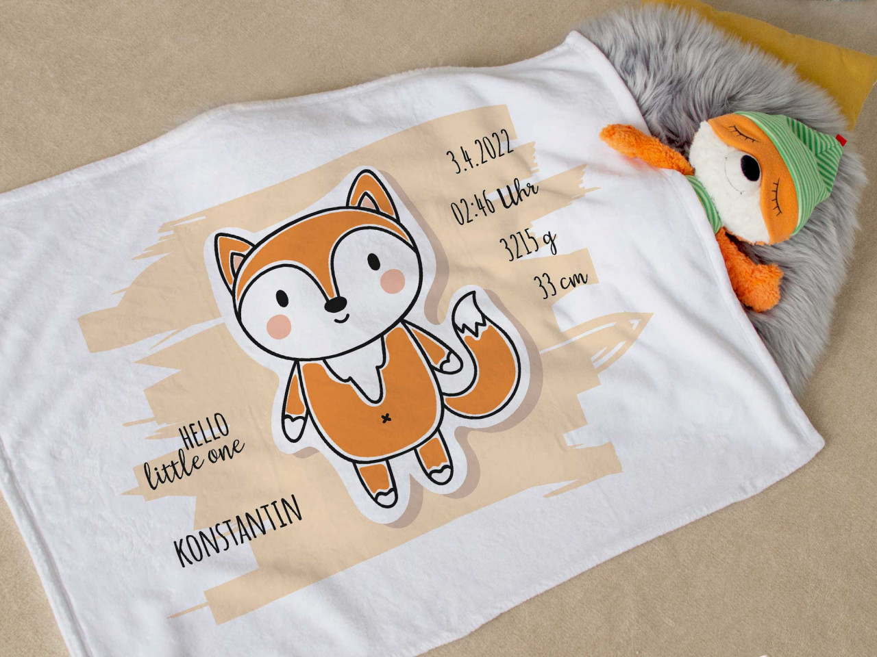 Babydecke mit Namen und Geburtsdaten personalisiert - Fuchs