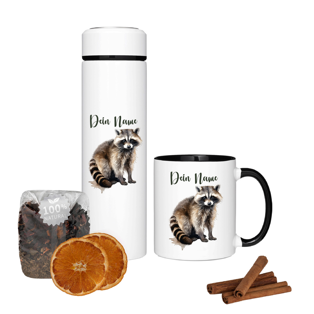 Tee Geschenkset mit Namen & Waschbär