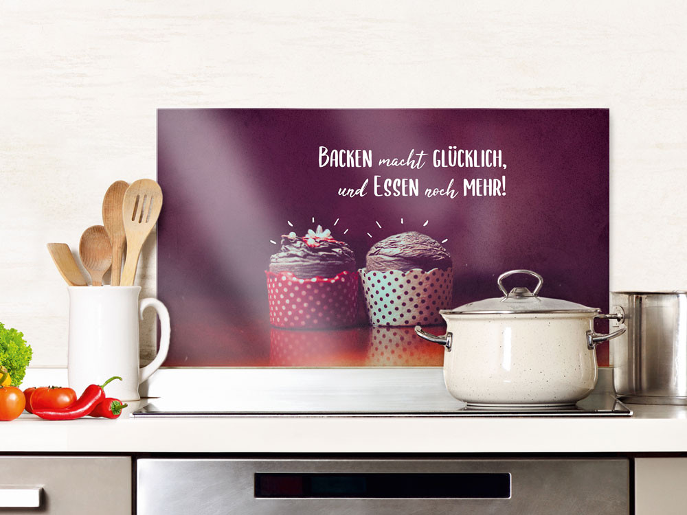 Spritzschutz Küche Glas Spruch Backen macht Glücklich