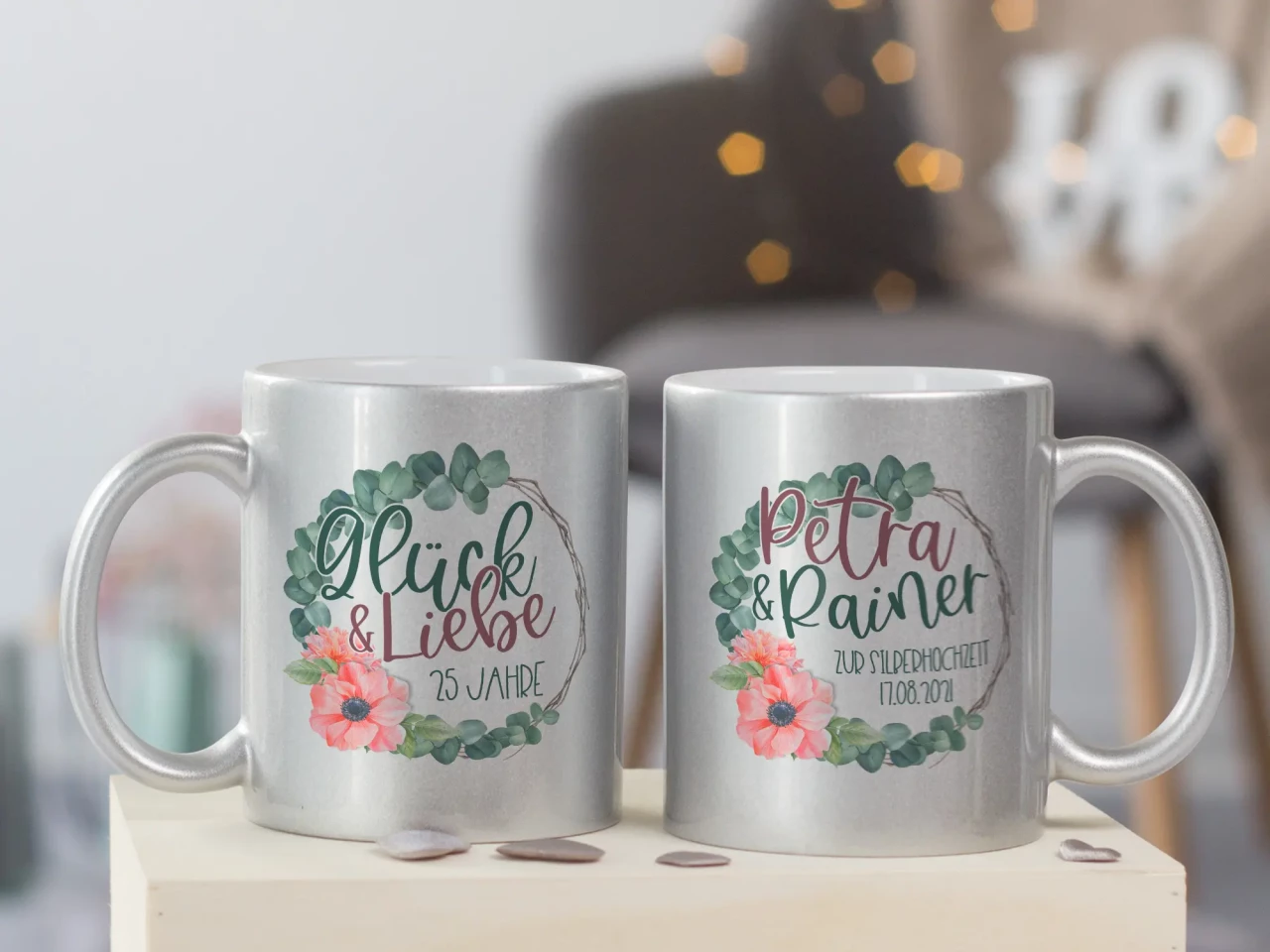 Geschenkbox Silberhochzeit, personalisierte Tassen mit...