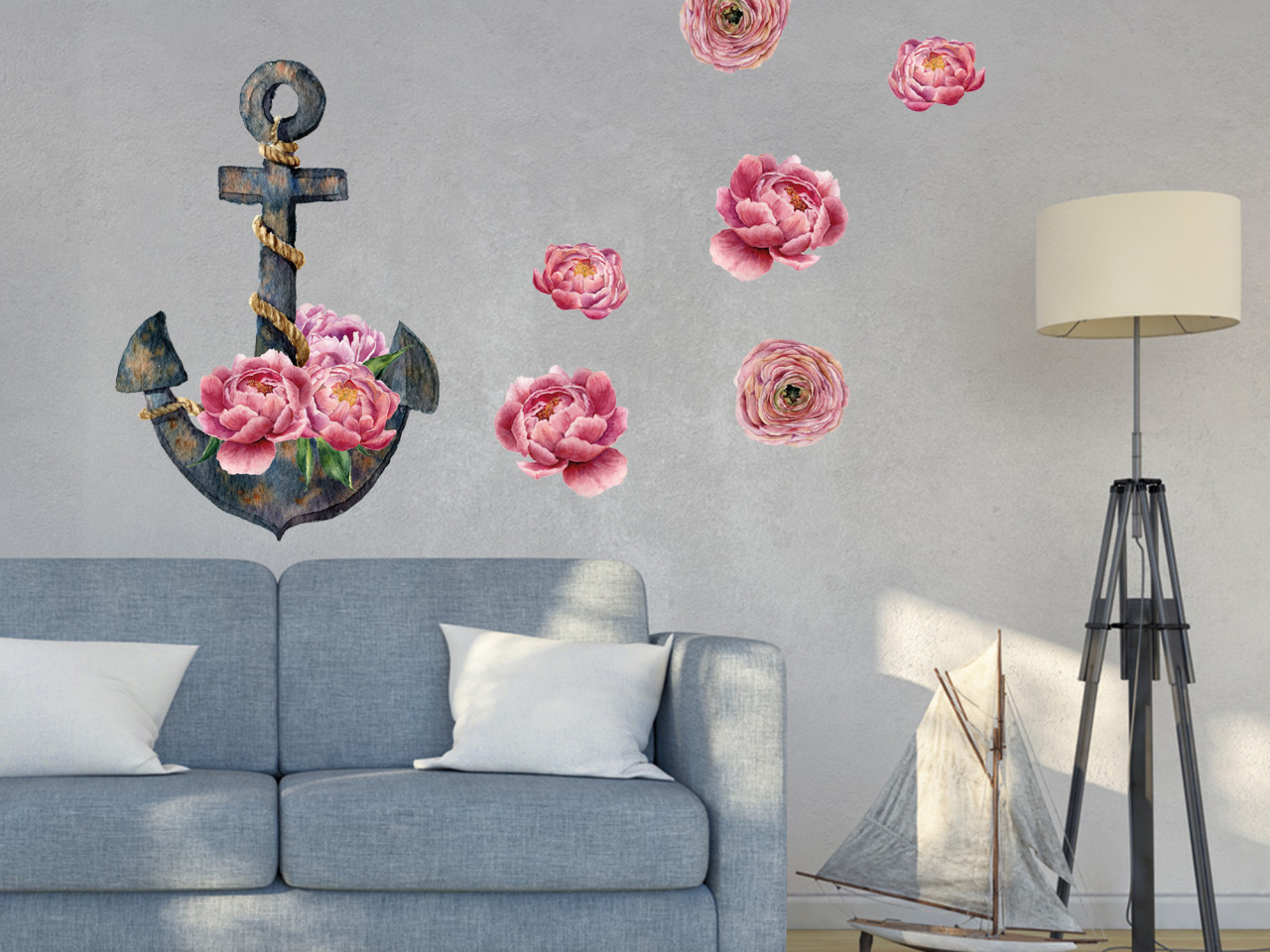 Wandtattoo Pfingstrosen mit Anker