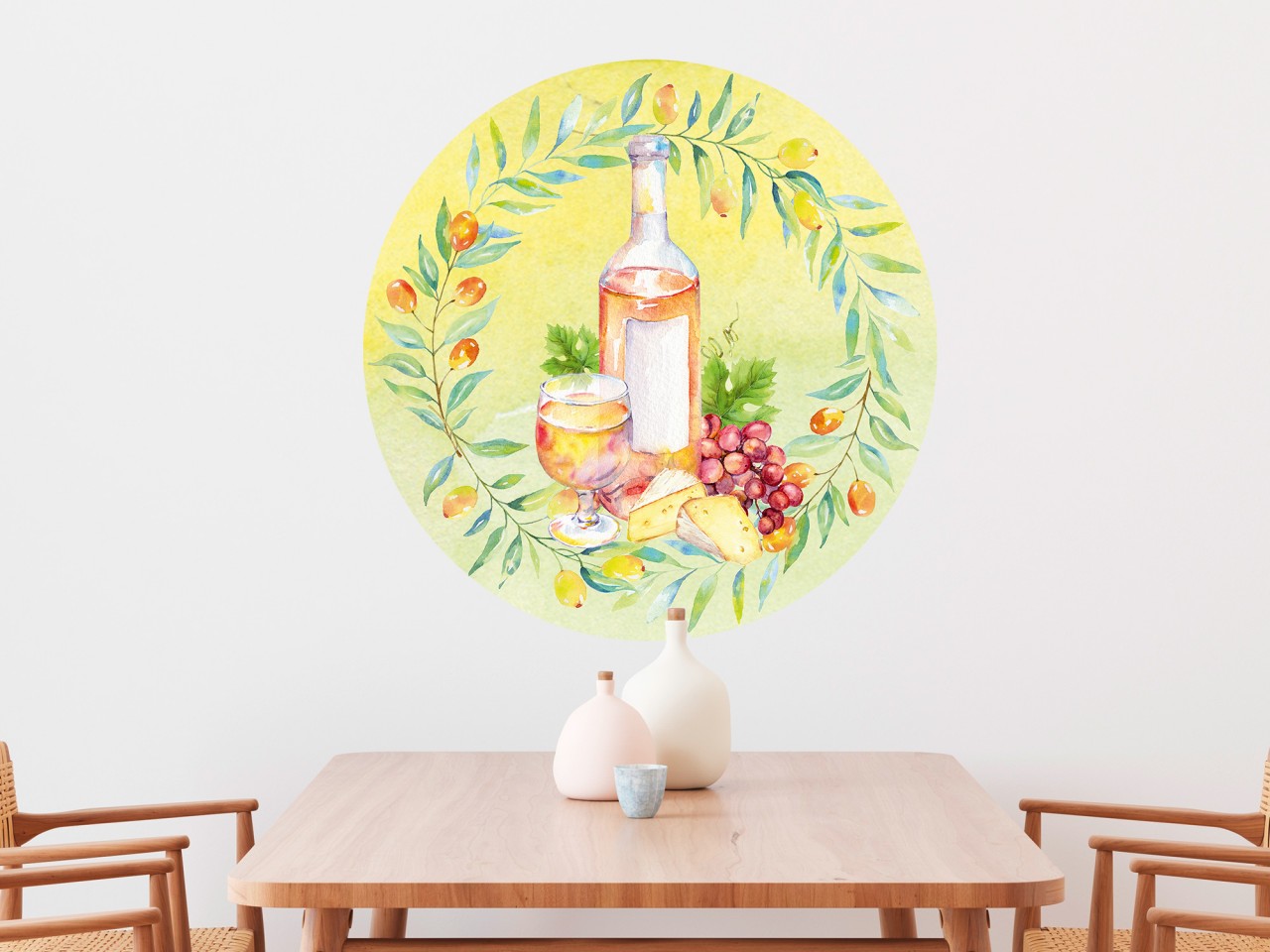 Wandsticker Wein, Käse und Weintrauben für die Küche