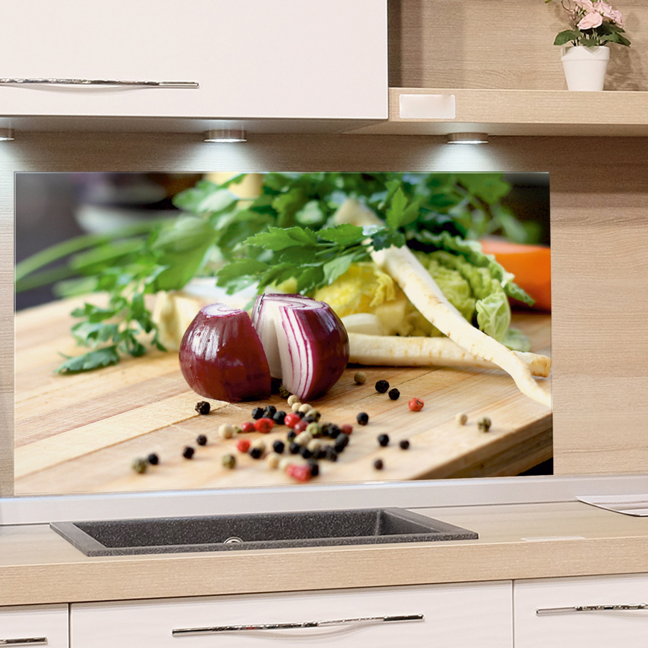 Spritzschutz aus Glas Zwiebel Pfeffer Gemüse