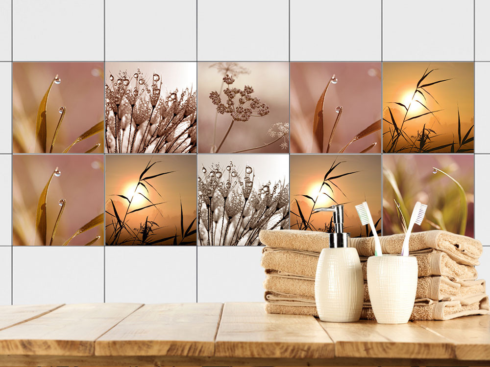 Fliesenaufkleber Set für Bad Sonnenuntergang Gräser Tropfen