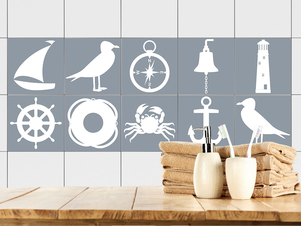 Fliesen zum Aufkleben Set Schiff Möwe Krabbe Ring