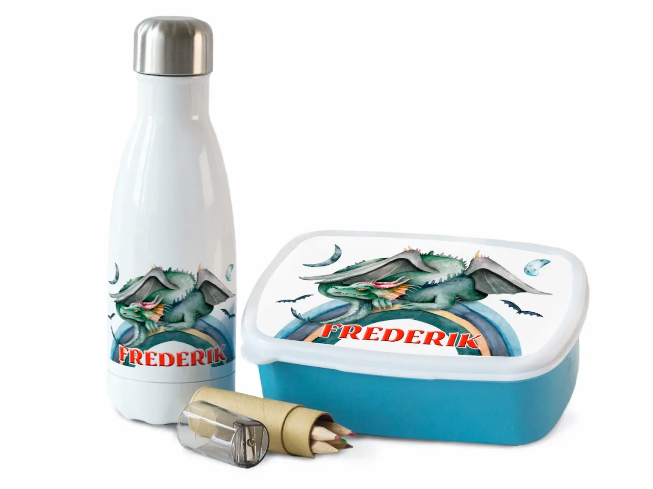 Geschenkset Trinkflasche und Brotdose mit Namen - Drache