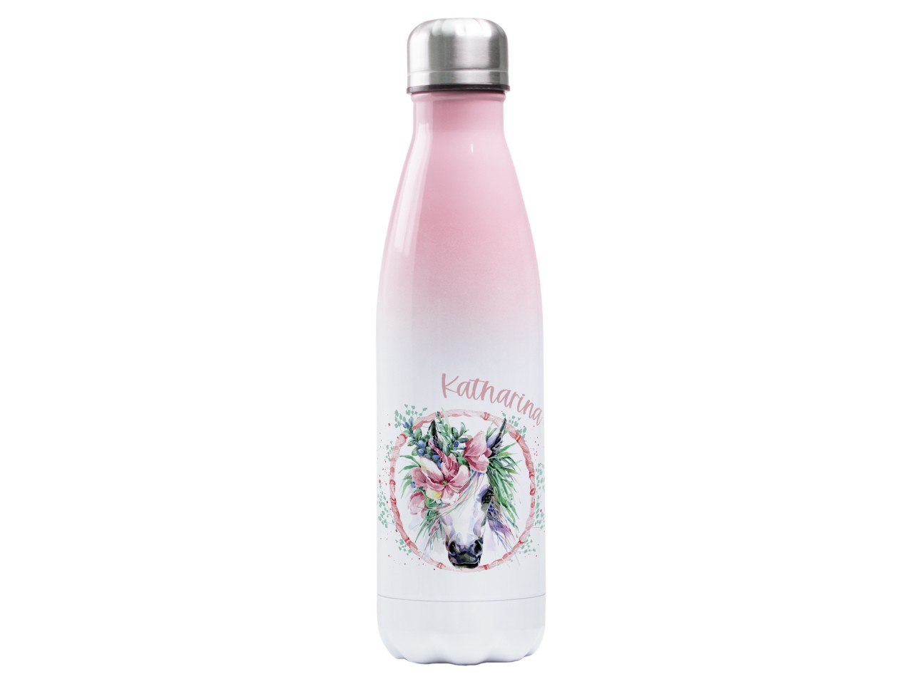 Thermosflasche rosa mit Wunschname - Einhorn Pferd