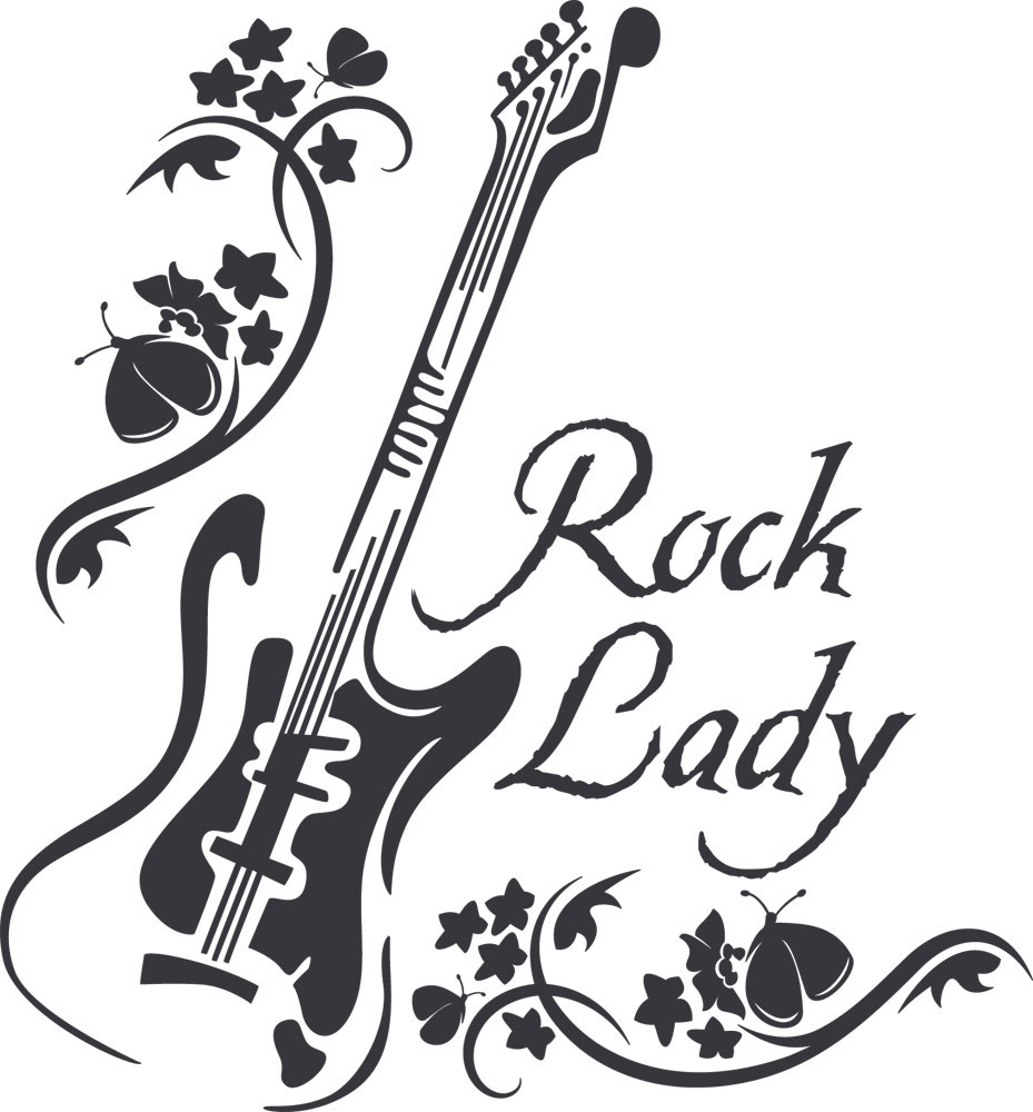Wandtattoo Musik Rock Lady E-Gitarre Blumenranke und...