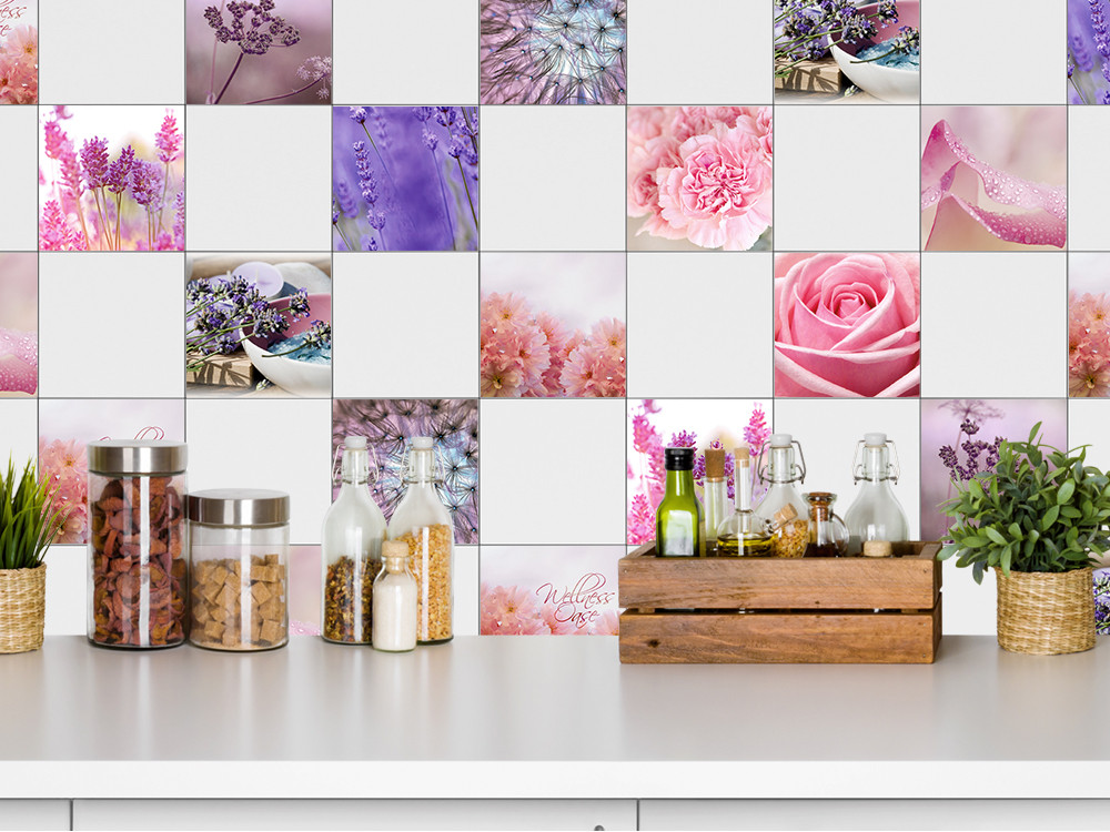 Fliesenaufkleber Set für Bad Rose Lavendel Blumen lila pink