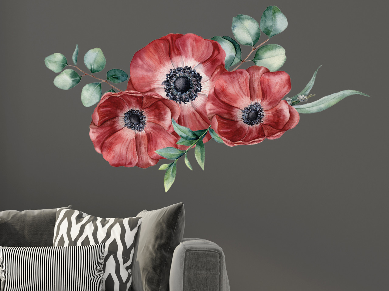 Wandtattoo Mohnblumen 3 Blüten mit Eukalyptus