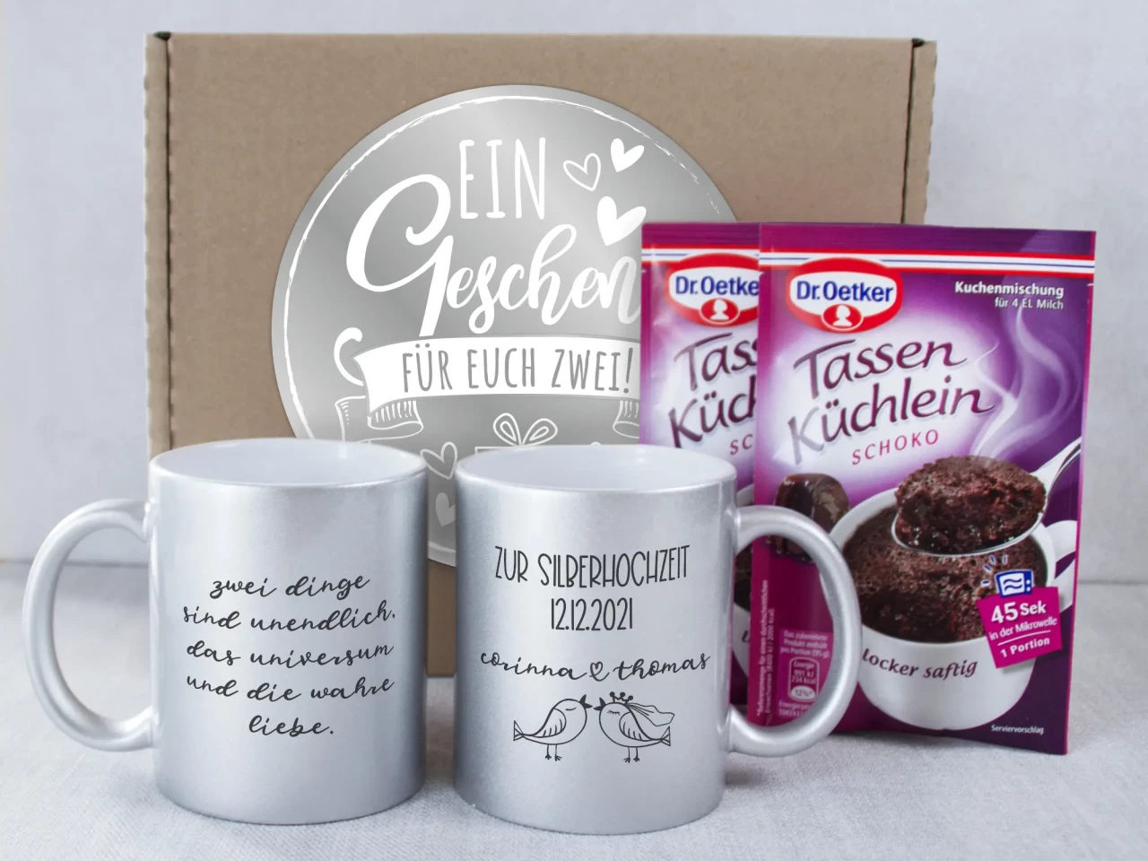 Geschenkbox Silberhochzeit, Tassen Silber mit Namen und...