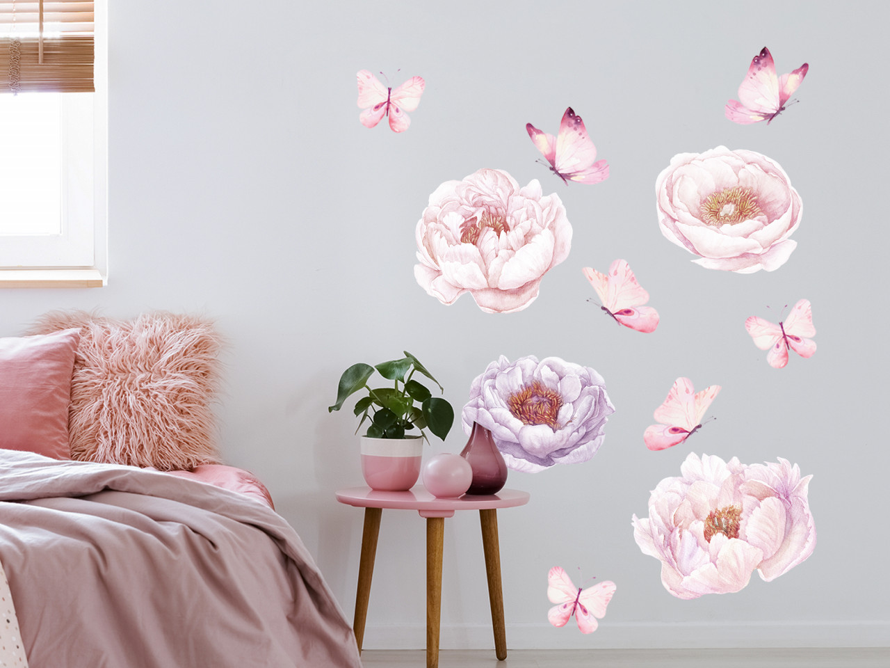 Wandtattoo Pfingstrose in rosa mit Schmetterlingen