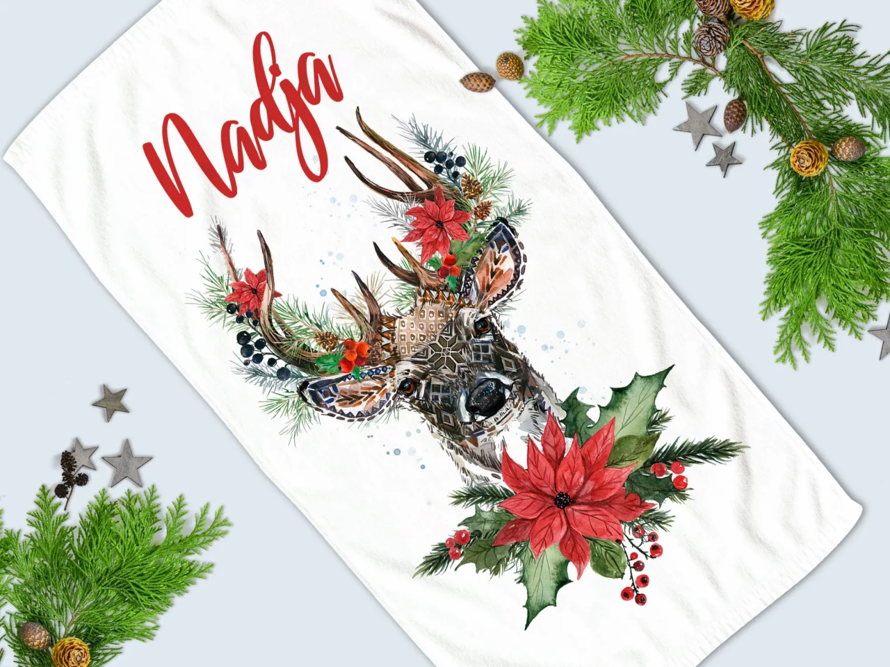 Duschtuch Weihnachten - personalisiert mit Namen - Hirsch