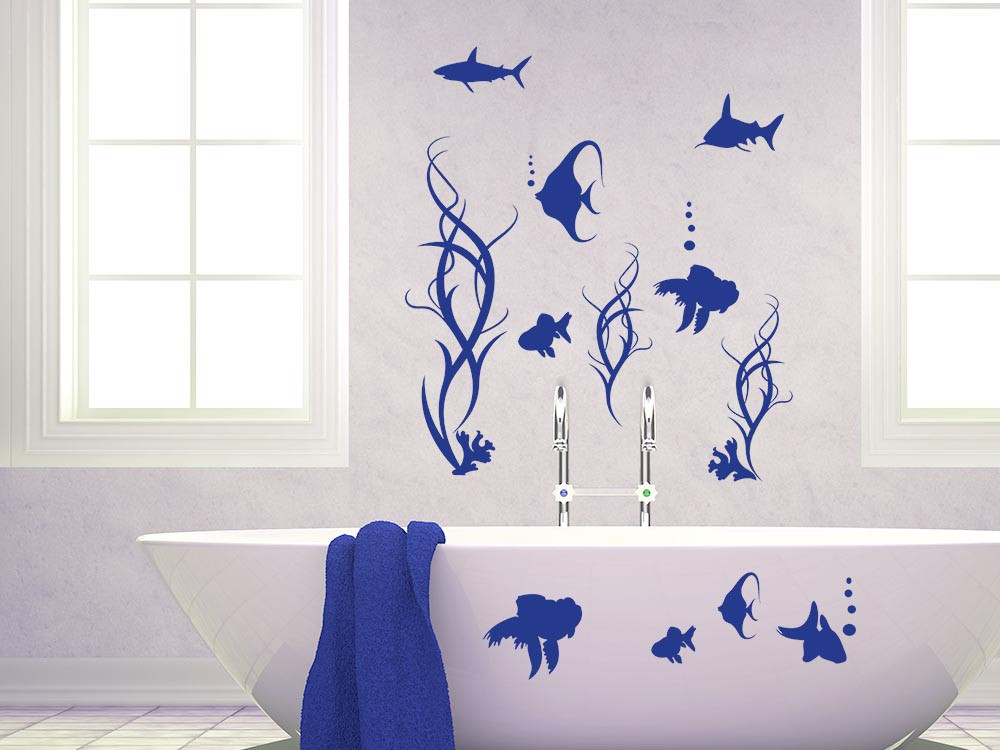 Wandtattoo Badezimmer Set Fische Hai Algen Blubberblasen