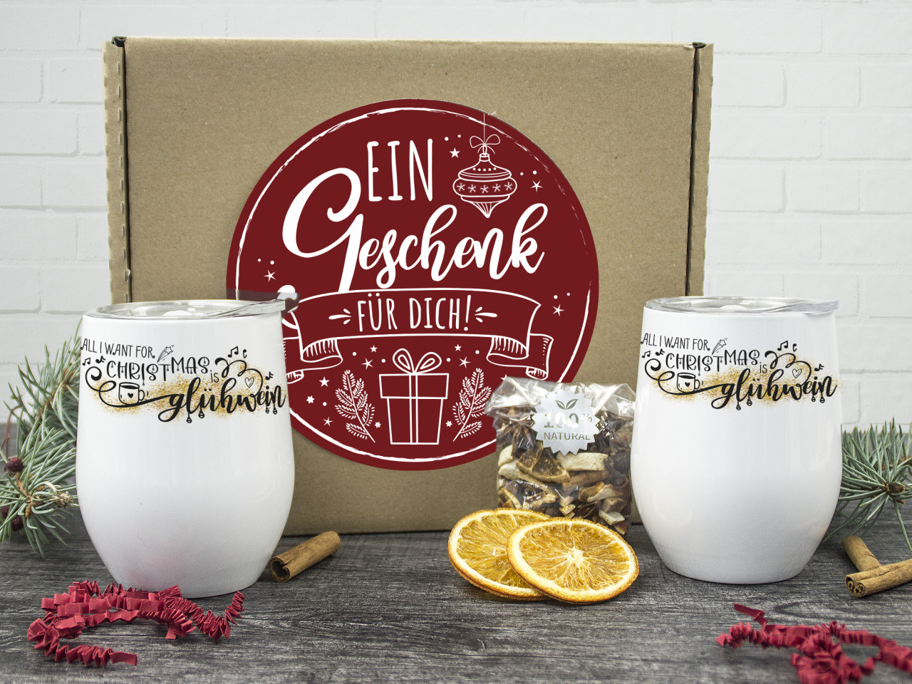 Glühwein Set als Geschenk, zwei Weinbecher mit Spruch...