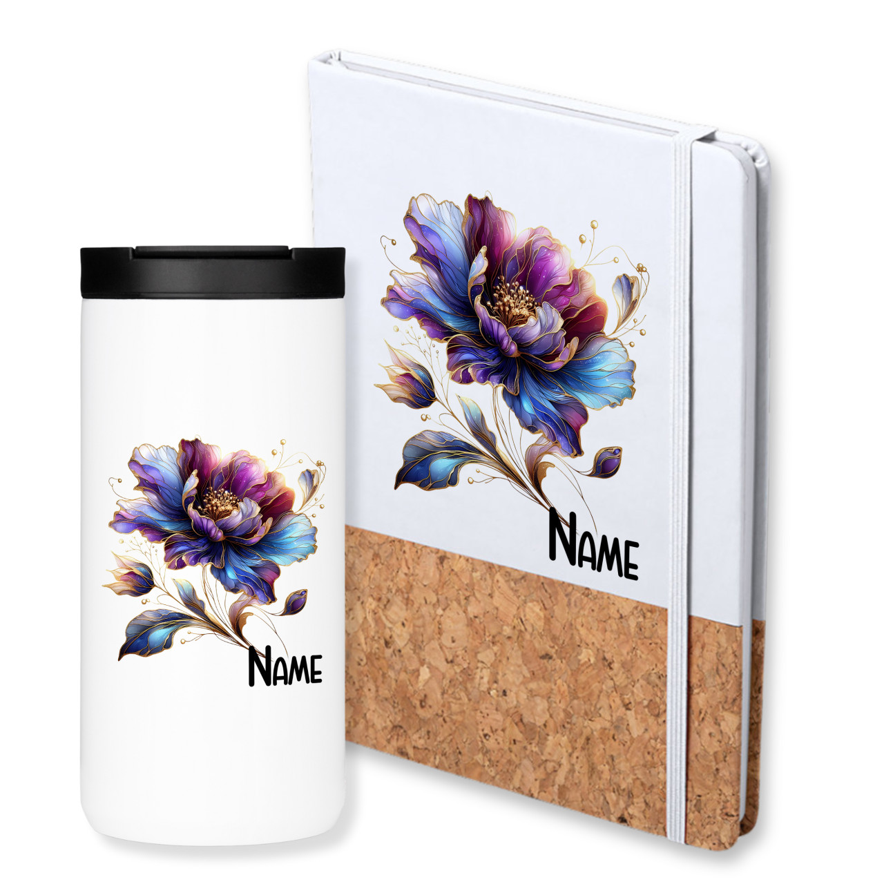 Geschenkset Thermobecher mit Notizbuch & Blume