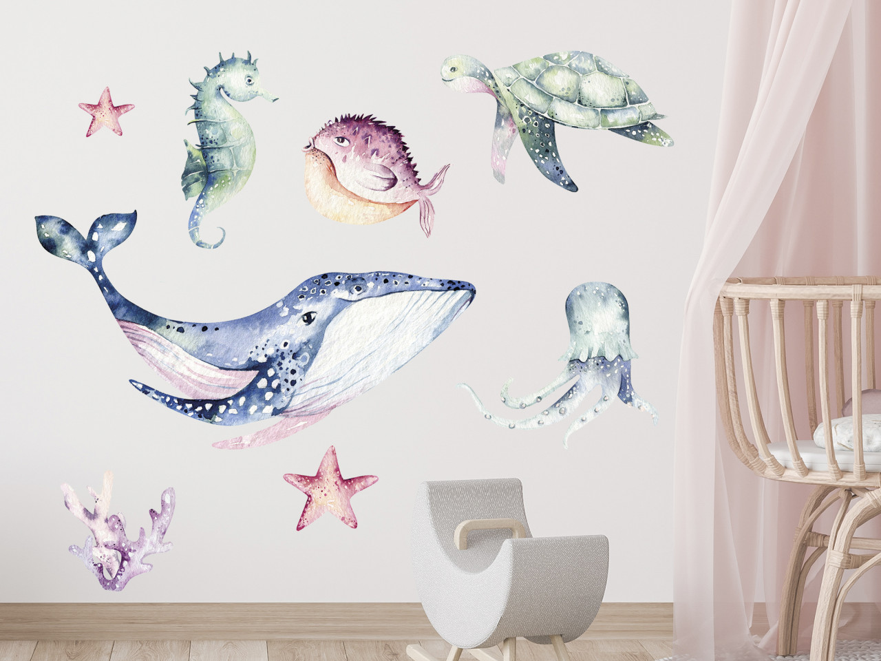 Wandtattoo maritim, Set Fische, Wale, Meeresbewohner