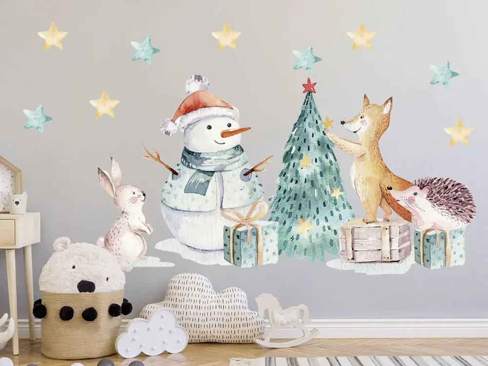 Wandtattoo Weihnachten, Set mit Tannenbaum und Waldtieren