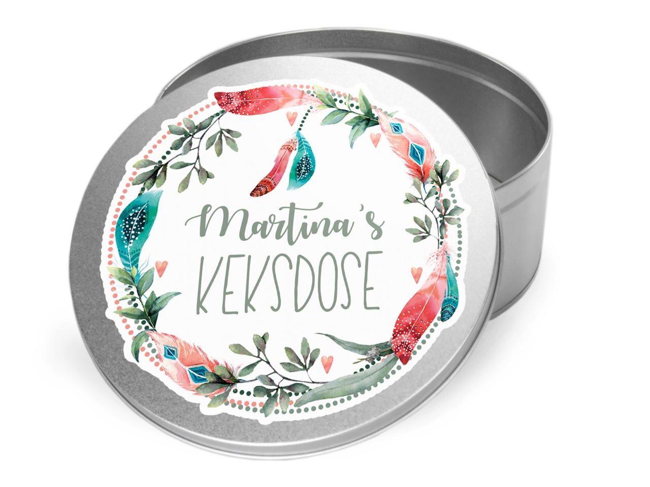 Personalisierte Vorratsdose mit Blumenkranz und Federn,...
