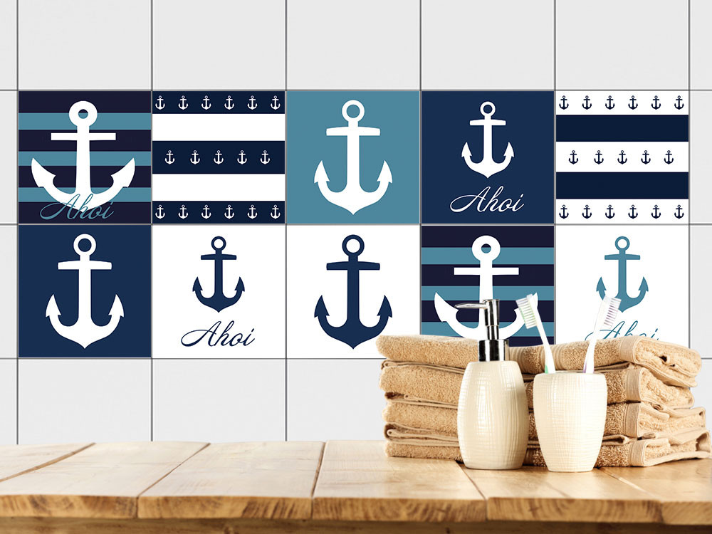 Fliesen zum Aufkleben Set Anker 'Ahoi' Streifen