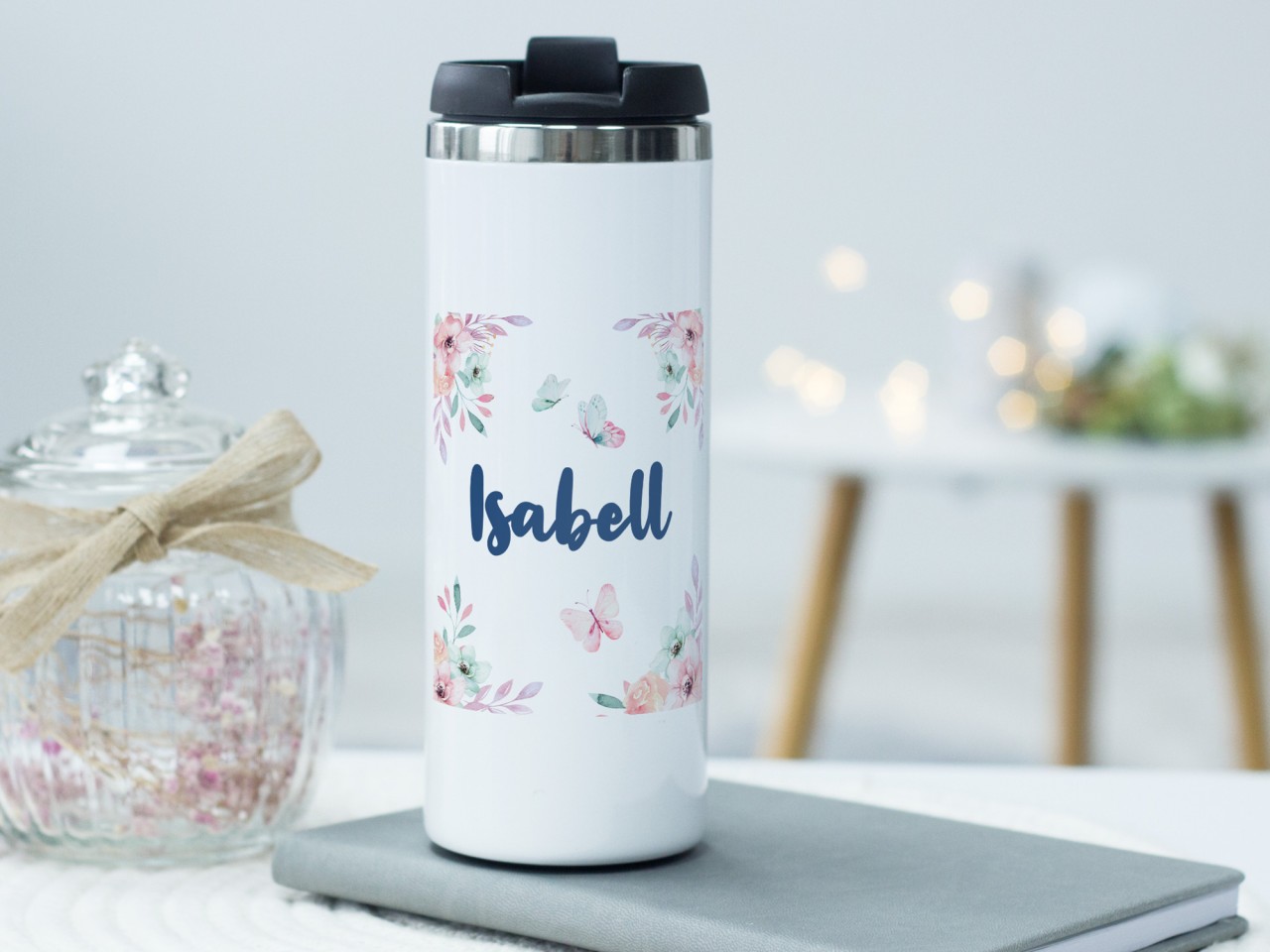Thermobecher Kaffeebecher Wunschname Blumen, Coffee to go...