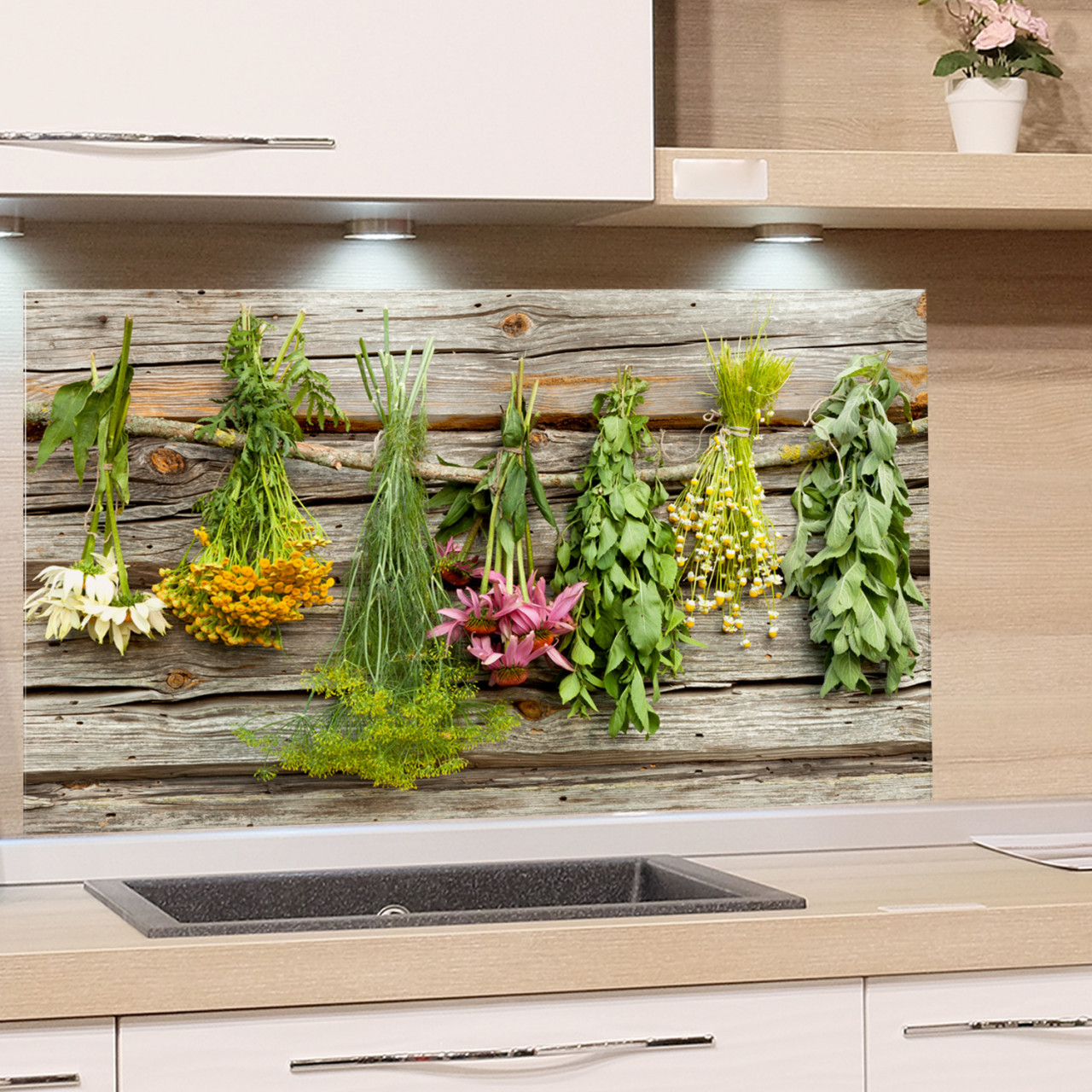 Spritzschutz Küche Sträuße über Kopf Holz