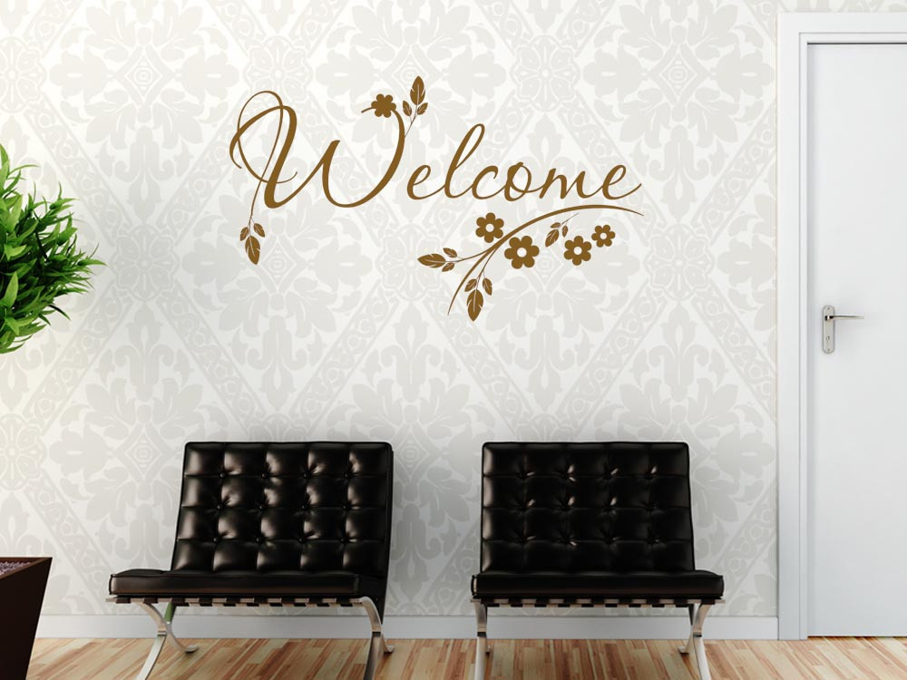 Wandtattoo Welcome in Schreibschrift mit Blumen