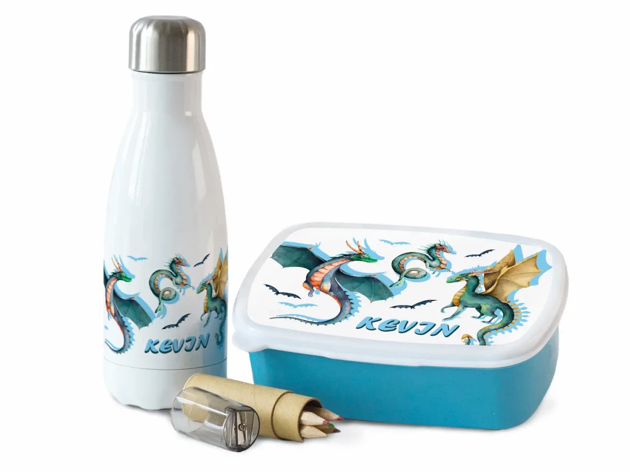 Geschenkset Trinkflasche und Brotdose mit Namen - Drachen