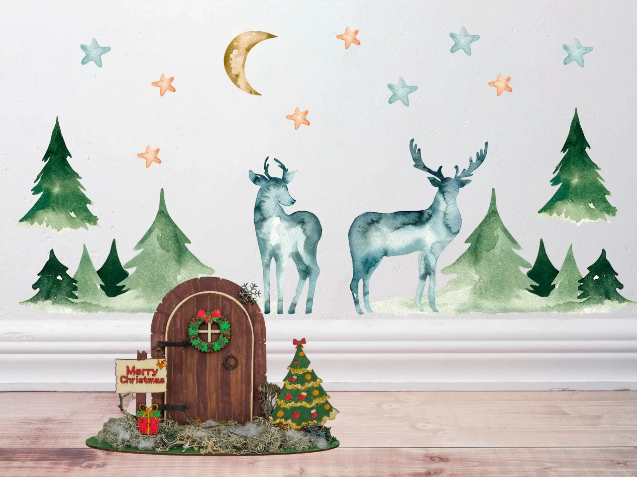 Wichtelset Miniatur Mit Tür und Wandtattoo Elch mit Wald