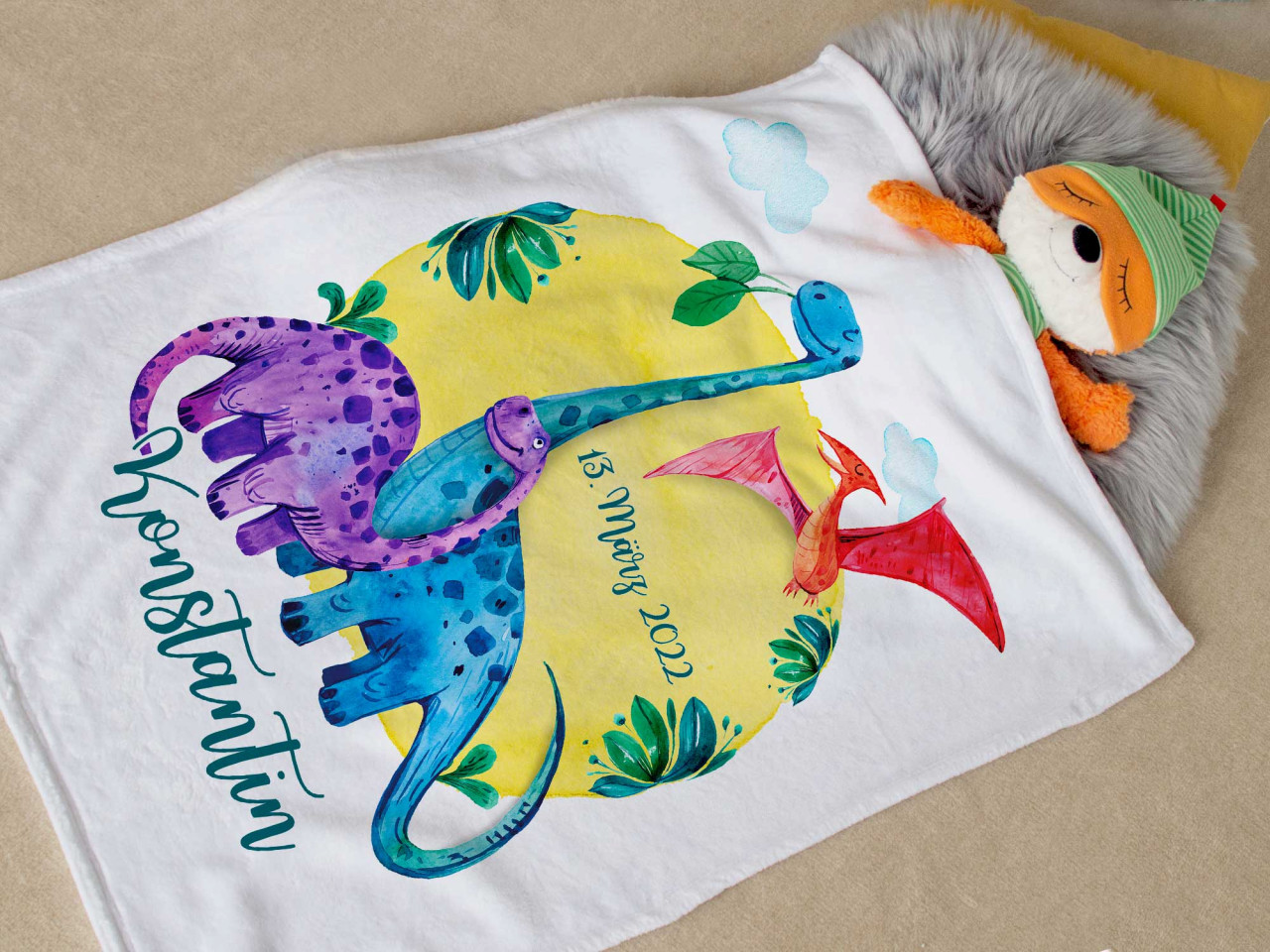Babydecke mit Namen und Geburtsdaten personalisiert - Dinos
